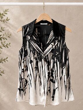 T Tahari Sleeveless Abstract Print Blouse Black Ivory Size Medium Workwear
